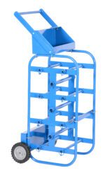 A blue metal trolley with multiple bars, a top compartment, and handle has two black rubber wheels. This open design resembles the Vestil Economy Wire Reel Caddy 150 Lb Capacity, ideal for transporting materials or tools.