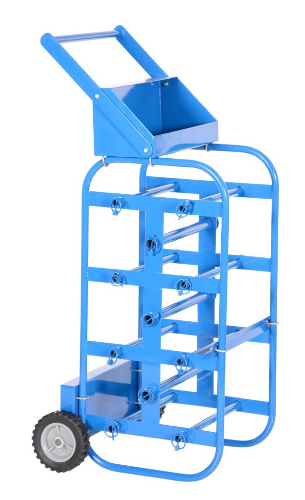 WIRE-D-E_A.jpg A blue metal trolley with multiple bars, a top compartment, and handle has two black rubber wheels. This open design resembles the Vestil Economy Wire Reel Caddy 150 Lb Capacity, ideal for transporting materials or tools.