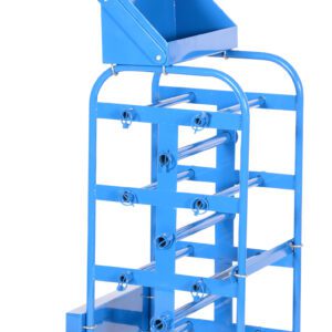 A blue metal trolley with multiple bars, a top compartment, and handle has two black rubber wheels. This open design resembles the Vestil Economy Wire Reel Caddy 150 Lb Capacity, ideal for transporting materials or tools.