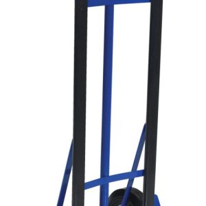 The Vestil Hand Truck with Hard Rubber Wheels features a sturdy blue metal frame and two durable black wheels. Its curved handle and dual black grips provide comfort, while the wide, flat base plate securely supports your cargo.