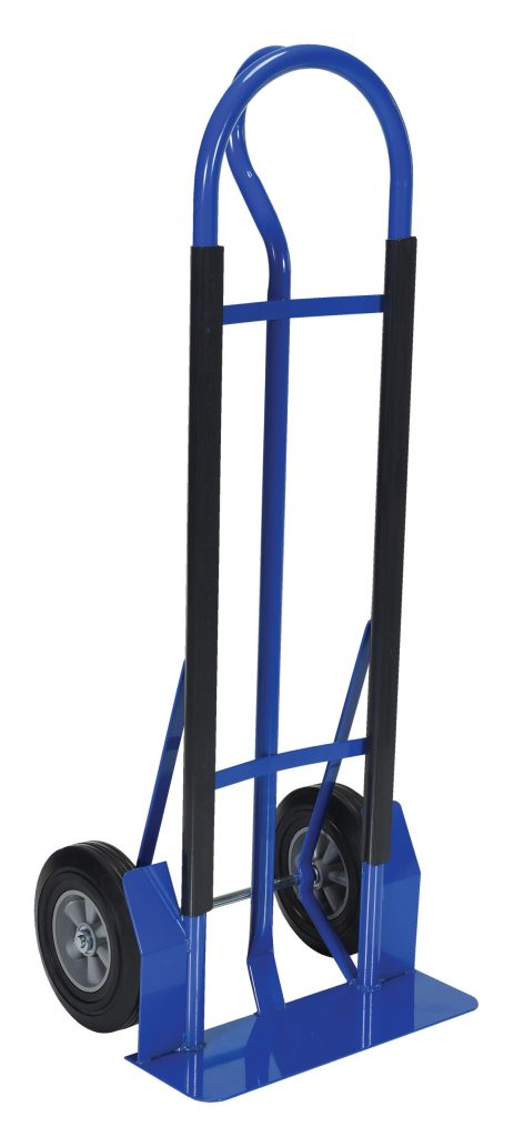 WIRE-D-SHD-HR_A.jpg The Vestil Hand Truck with Hard Rubber Wheels features a sturdy blue metal frame and two durable black wheels. Its curved handle and dual black grips provide comfort, while the wide, flat base plate securely supports your cargo.