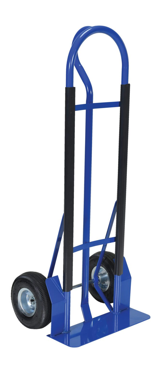 WIRE-D-SHD-PN_A.jpg The Vestil Hand Truck W/Pneumatic Wheels For Wire-D has a sturdy frame for heavy items, features a blue and black design with a curved top handle, and large thick wheels that ensure stable and smooth transport.