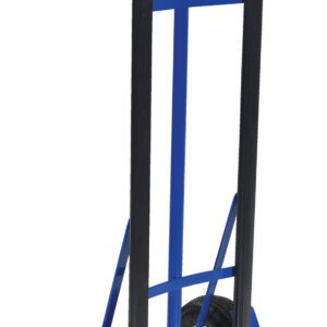 The Vestil Hand Truck W/Pneumatic Wheels For Wire-D has a sturdy frame for heavy items, features a blue and black design with a curved top handle, and large thick wheels that ensure stable and smooth transport.