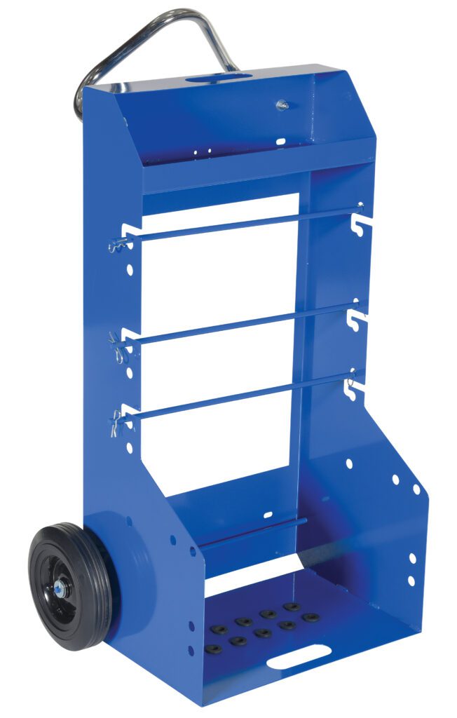 The Vestil Portable Cord Reel Caddy 300 Lb Cap is a blue metal utility cart with a tall open frame, equipped with two black wheels and a handle for easy mobility. It has hooks and compartments for tool organization, ideal for efficient equipment management.