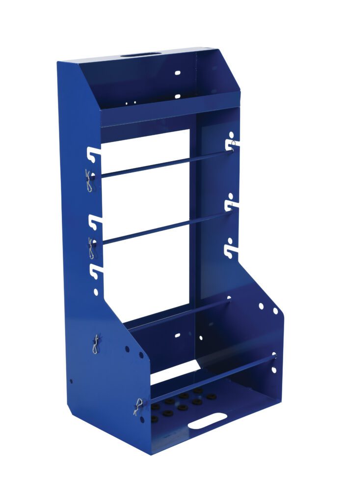 WIRE-D_A.jpg The Vestil Cord Reel Container 300 Lb Capacity is a blue metal rack with multiple shelves and hooks. It features a perforated base that supports up to 300 lbs, offering versatile storage for tools and materials in an upright, open design.