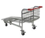 The Vestil Nestable Wire Cart 59 x 28 x 36 inches has a flatbed design with metal mesh, four swivel wheels, and a small front basket. Equipped with red-handled bars for easy pushing, its perfect for versatile shopping needs.