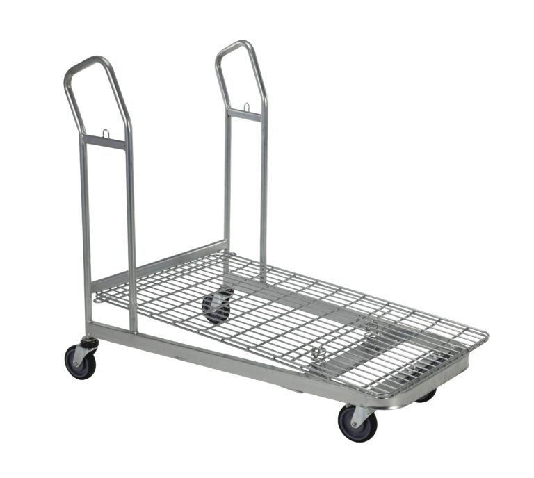The Vestil Nestable Wire Cart 52 x 28 x 43 inches is a metal platform trolley with four wheels and two handles, featuring a bar grid for efficient goods transport, set against a white backdrop.