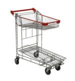 The Vestil Nestable Wire Cart 36 X 17 X 40 In boasts a metal build with red handles and four wheels, featuring a lower flatbed for larger items and an upper basket for smaller goods, ideal for efficient grocery shopping and easy transport.