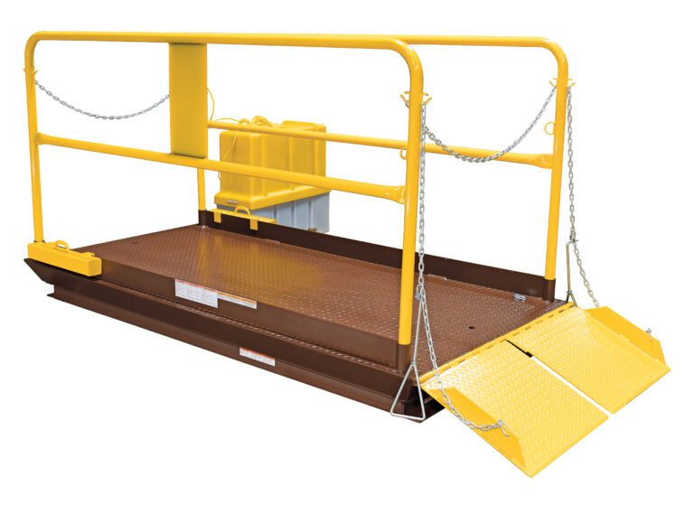 A loading dock with safety rails and chains, featuring a diamond-patterned steel platform and attached ramp, is perfect for industrial use. It seamlessly integrates with the Vestil Prem Truck Scissor Dock Lift 6K 7X10 Ft for efficient material handling.