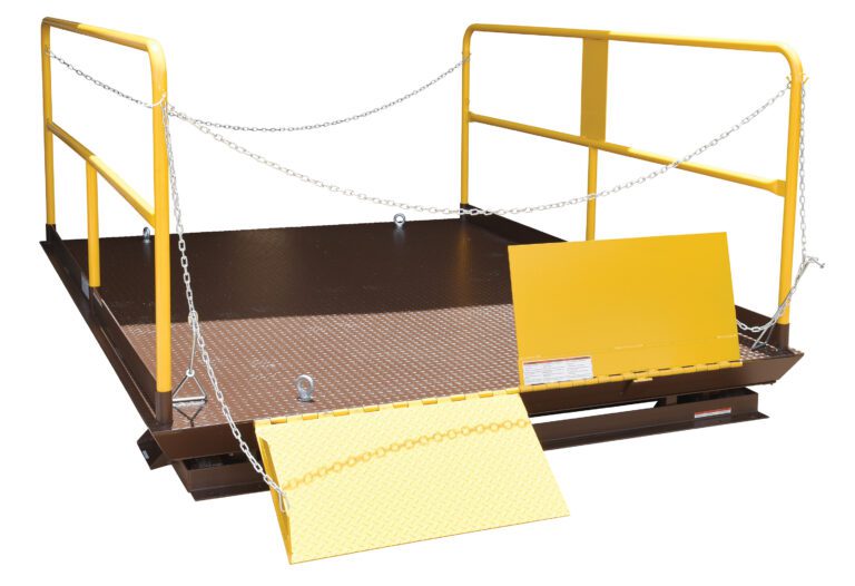 The Vestil Prem Truck Scissor Dock Lift 6K 8X10 Ft features a sturdy metal platform with a brown base, bright yellow rails, chain barriers on both sides, and a textured yellow ramp for secure loading and unloading.