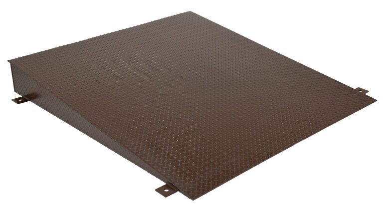 The brown Vestil Scissor Dock Option Approach Ramp 8X48 features a textured steel diamond plate, suitable for loading. It is angled upward and includes two small base brackets for secure placement.