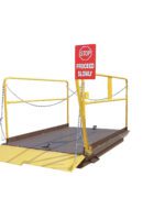 The Vestil Dock Lift Optional Stop Sign Signal includes yellow metal railings and chains, a red STOP PROCEED SLOWLY sign, an angled textured platform for secure footing, and a signal-ready design on a white background for an efficient workspace.