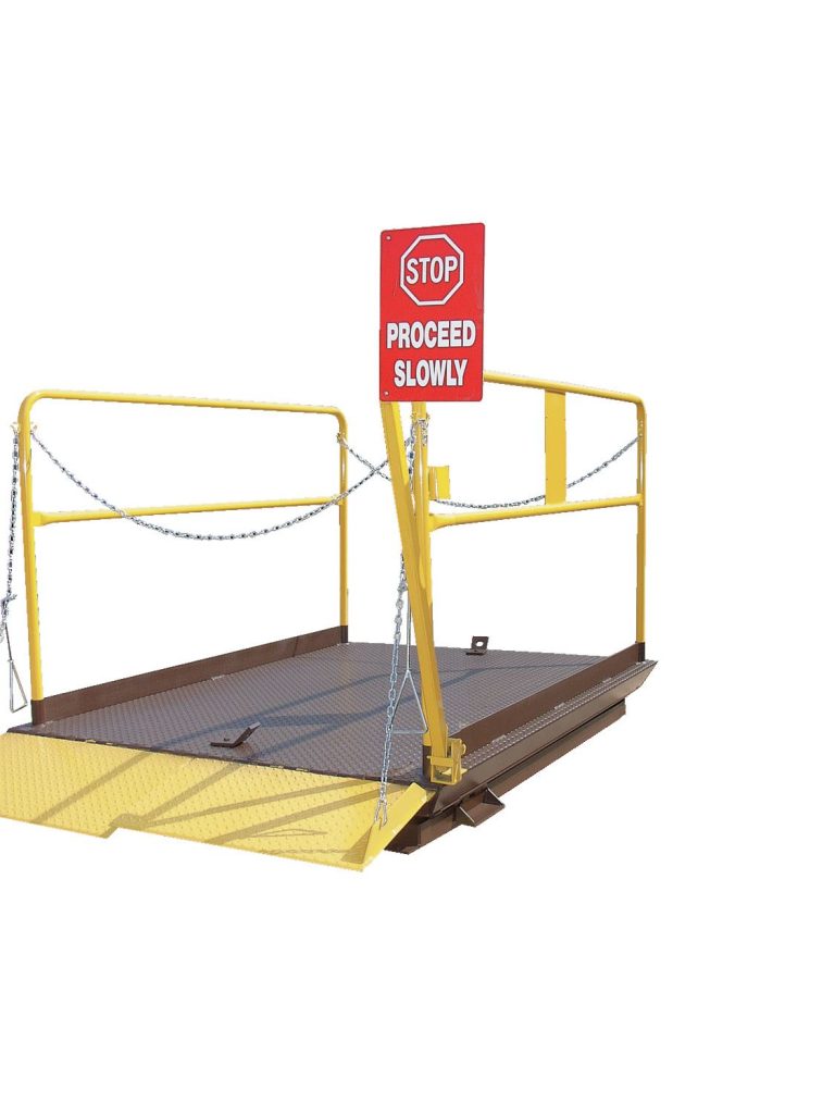 The Vestil Dock Lift Optional Stop Sign Signal includes yellow metal railings and chains, a red STOP PROCEED SLOWLY sign, an angled textured platform for secure footing, and a signal-ready design on a white background for an efficient workspace.