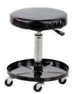 The Vestil Ergonomic Assembly Worker Stool 300 Lb boasts a sleek black adjustable-height round seat, a sturdy silver gas lift mechanism, and a circular base with five casters for easy mobility, supporting users up to 300 lbs.