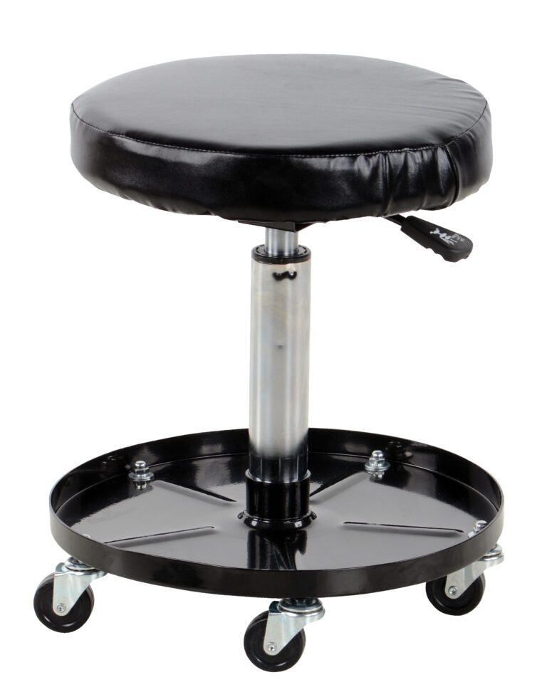 The Vestil Ergonomic Assembly Worker Stool 300 Lb boasts a sleek black adjustable-height round seat, a sturdy silver gas lift mechanism, and a circular base with five casters for easy mobility, supporting users up to 300 lbs.