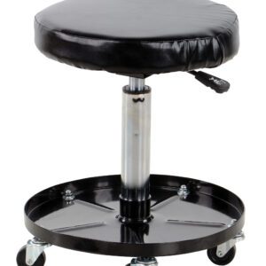 The Vestil Ergonomic Assembly Worker Stool 300 Lb boasts a sleek black adjustable-height round seat, a sturdy silver gas lift mechanism, and a circular base with five casters for easy mobility, supporting users up to 300 lbs.