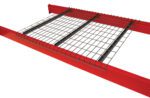 The Vestil Pallet Rack Wire Decking (42 In X 52 In) includes a metal wire mesh panel with a striking red frame, ideal for shelving or safety barriers. It features evenly spaced square openings and is reinforced by two horizontal metal supports underneath.