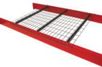 The Vestil Pallet Rack Wire Decking 42 In X 58 In features a vibrant red metal frame and wire mesh, ideal for industrial shelving. Its intersecting wires offer strong support and ventilation for stored items in your workspace.