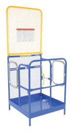 The blue Vestil Work Plat features a yellow mesh backrest, metal grating sides, rails on a compact 36x36 platform, a yellow safety latch, and an instructional sign on the mesh backrest.