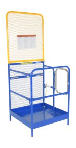 The Vestil Work Platform W/84 In Expand Back 36X36 is a blue and yellow safety cage with mesh sides and a secure gate, ideal for elevated forklift work. A safety notice on the back mesh panel enhances security.