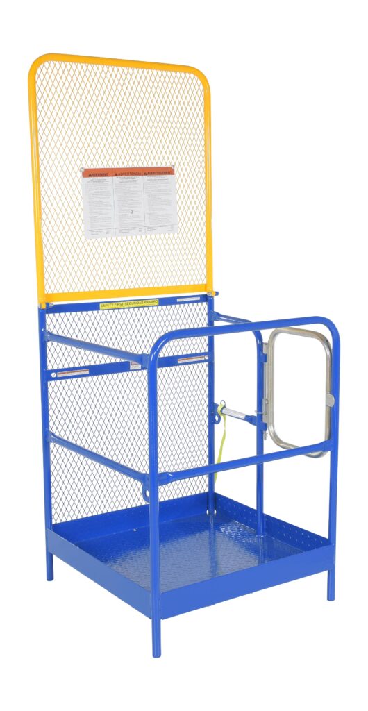 WP-3636-84B_A.jpg The Vestil Work Platform W/84 In Expand Back 36X36 is a blue and yellow safety cage with mesh sides and a secure gate, ideal for elevated forklift work. A safety notice on the back mesh panel enhances security.