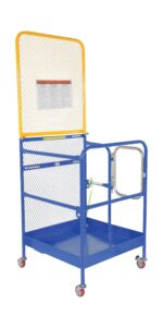 The Vestil Work Platform 84 In Back Casters 36X36, designed for forklift use, features an 84-inch yellow mesh back, a blue safety cage with red casters, a small entry gate, and a secure latch. Safety instructions are attached to the mesh back.