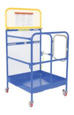 The Vestil Steel Work Platform W/Casters 36X36 is a blue and yellow safety cage with mesh sides, a front gate, and red wheels. Designed for forklift use, it includes safety instructions on the back panel to ensure secure handling.