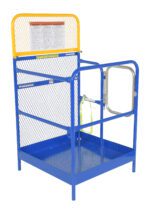 The Vestil Steel Work Platform 36X 36 In is a blue metal safety cage with mesh sides and a gate, designed for forklift use. It features a yellow top rail with instructions and includes a safety chain for secure harness attachment.