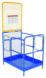 The blue metal Vestil Work Plat W/84 In Back & Dual Ent 36X48 features a yellow-trimmed safety cage with mesh backing, a door, guard rails, an instruction sheet on the mesh, and a diamond-patterned solid floor for enhanced grip—ideal for forklift use.