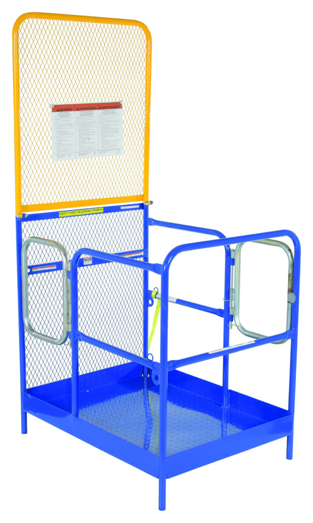 The blue metal Vestil Work Plat W/84 In Back & Dual Ent 36X48 features a yellow-trimmed safety cage with mesh backing, a door, guard rails, an instruction sheet on the mesh, and a diamond-patterned solid floor for enhanced grip—ideal for forklift use.