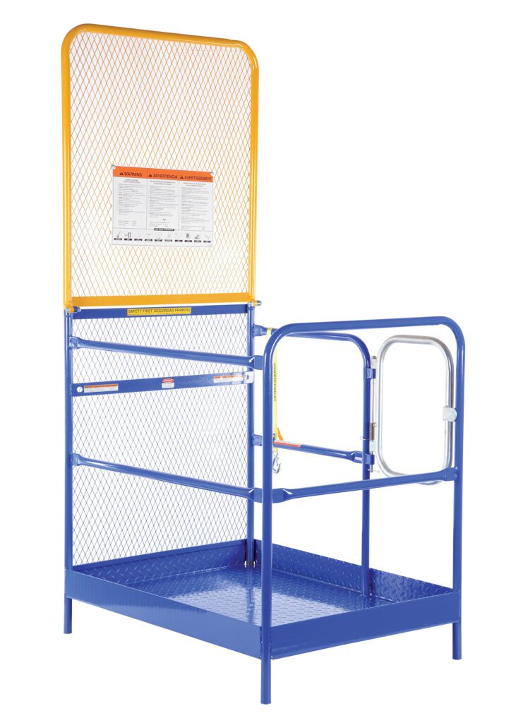 The Vestil Work Platform W/84 In Expand Back 36X48 has a blue safety cage with a yellow top border, metal mesh screen, right-side secure gate, and mesh backing. An instruction sheet is included for enhanced safety during elevated work with forklifts.