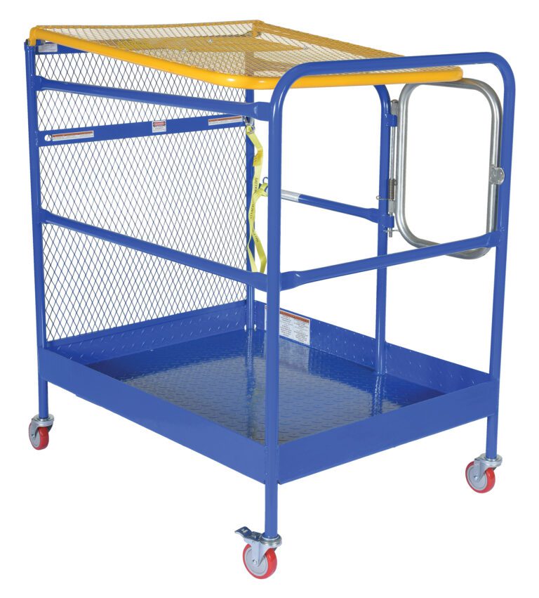 The Vestil Work Platform 84 In Back Casters 36X48 features a blue metal safety cage with mesh walls, an open gate, and an 84 in back topped with a yellow safety bar. It includes red swivel caster wheels for mobility and is ideal for forklifts in industrial settings.