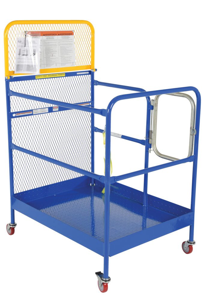 WP-3648-CA_A.jpg The Vestil Steel Work Platform W/Casters 36X48 showcases a blue and yellow frame, diamond-patterned mesh guardrail, side gate, and four red swivel casters for mobility. Important documents can be clipped to its top mesh panel.