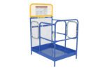 The Vestil Steel Work Platform W/2 Door Entry 36X48 is a blue metal safety cage featuring mesh sides, two gated entries, and a diamond plate platform. It includes a yellow safety panel and a rear panel displaying essential safety instructions.