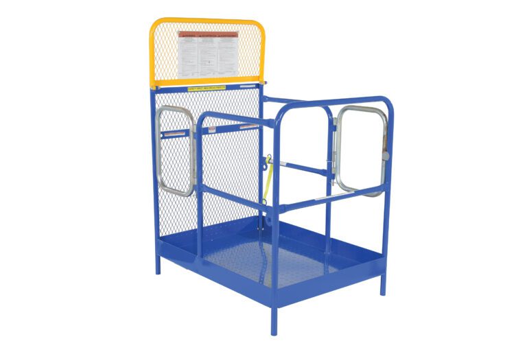 WP-3648-DD_A.jpg The Vestil Steel Work Platform W/2 Door Entry 36X48 is a blue metal safety cage featuring mesh sides, two gated entries, and a diamond plate platform. It includes a yellow safety panel and a rear panel displaying essential safety instructions.