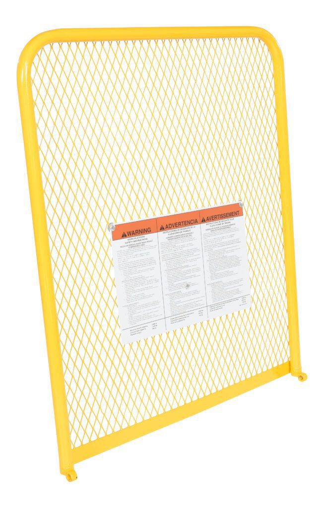 A metal safety gate with a diamond mesh design and a Vestil Work Platform Optional 84 In Back Height 36W features a bold white and orange warning sign centrally displayed.