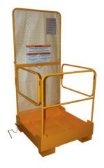 The Vestil Fold Down Platform W/84 In Back 37 X 37 is a yellow forklift attachment featuring mesh sides, a closed bottom, and a front swinging gate. Safety warnings are clearly displayed on the back panel.