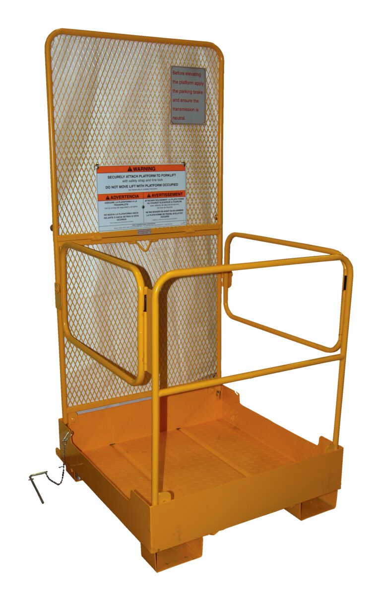 WP-3737-FD-84B_A.jpg The Vestil Fold Down Platform W/84 In Back 37 X 37 is a yellow forklift attachment featuring mesh sides, a closed bottom, and a front swinging gate. Safety warnings are clearly displayed on the back panel.