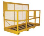 The Vestil Multiperson Work Platform features a yellow metal safety cage with mesh sides, a grated floor, and railings on three sides. Its solid base is ideal for construction or industrial applications, enhancing safety when lifting or securing objects.