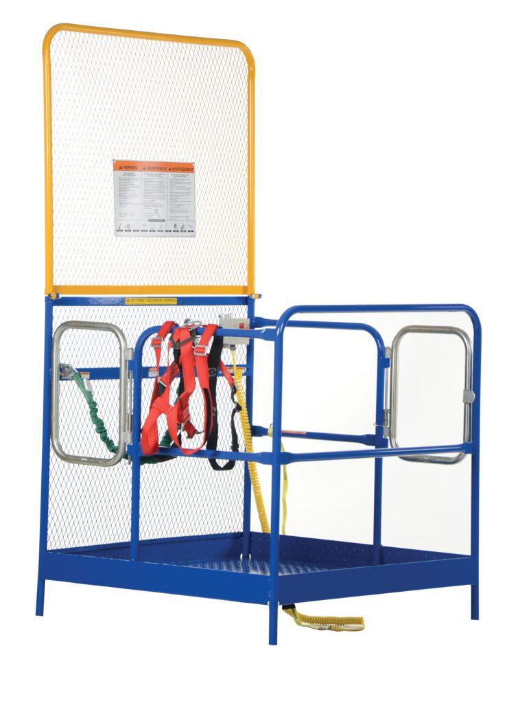 WP-4848-84B-DD-FF_A.jpg Meet the Vestil Full Feat Work Plat W/84 In Back & 2 Ent: a blue and yellow steel forklift safety cage with mesh back panel, harness attachment, and small notice board for convenience and safety.