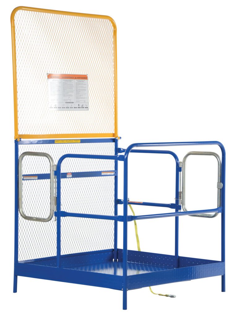 WP-4848-84B-DD_A.jpg The Vestil Work Plat W/84 In Back & Dual Ent 48X48 has a blue and yellow safety cage with mesh sides, a swinging gate secured by a yellow strap, and a notice on the taller mesh back panel.
