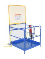 The Vestil Full Feat Work Platform W/84 In Back is a blue steel safety cage with a grated floor, a yellow mesh back panel, and includes red and black harnesses inside plus an external yellow coiled cable for securing personnel on forklifts.