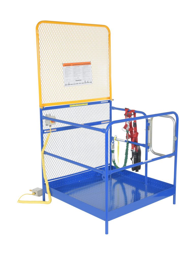 The Vestil Full Feat Work Platform W/84 In Back is a blue steel safety cage with a grated floor, a yellow mesh back panel, and includes red and black harnesses inside plus an external yellow coiled cable for securing personnel on forklifts.