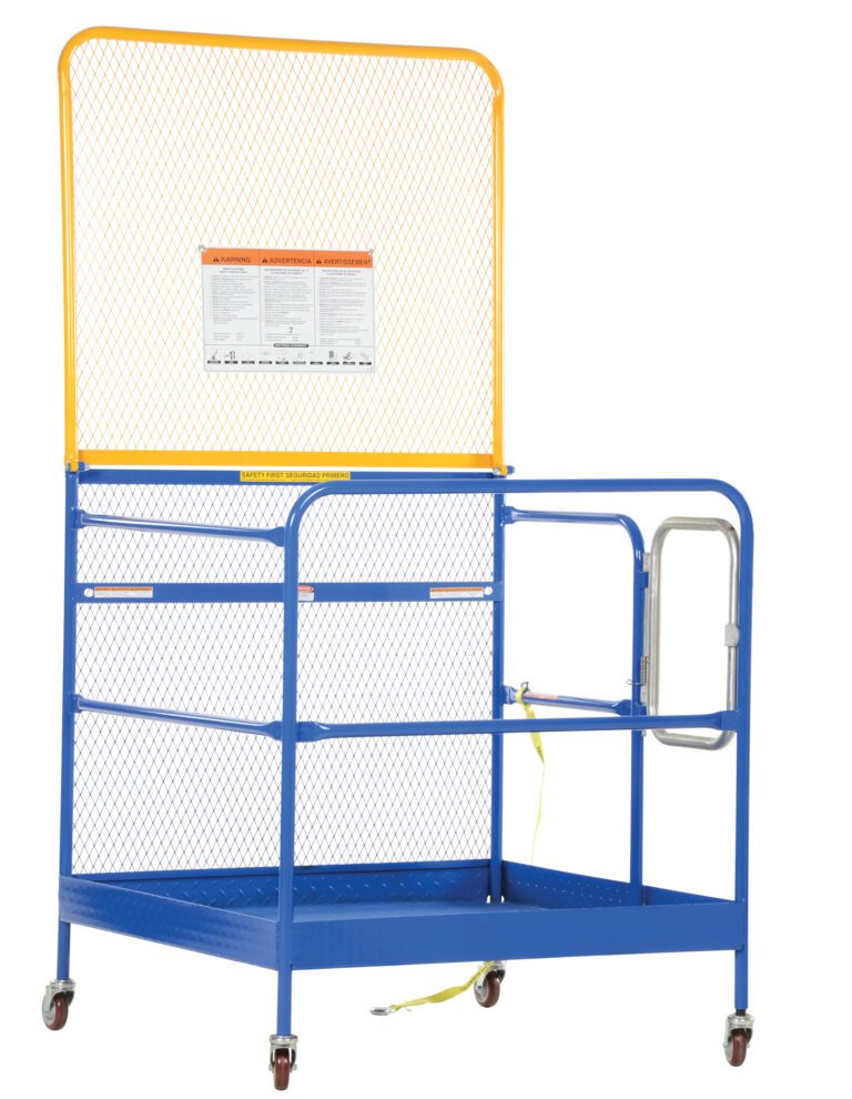 WP-4848-CA-84B_A.jpg The Vestil Work Platform 84 In Back Casters 48X48 has a blue rolling safety design with a yellow mesh guardrail, back casters, an access gate, and an attached warning sign for safe elevated work area access. It measures 48x48 inches and stands 84 inches tall.
