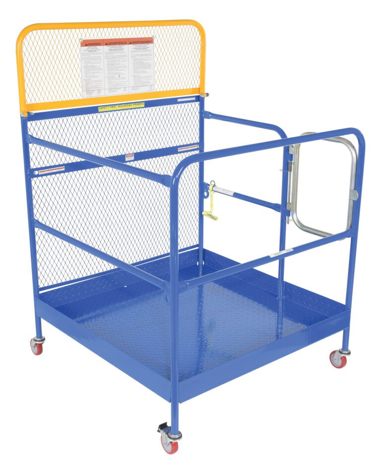 WP-4848-CA_A.jpg The Vestil Steel Work Platform W/ Casters 48 X 48 features a blue metal safety cage with a yellow top bar, mesh backing, and red casters. It includes a right-side gate and a document holder on the top mesh panel.