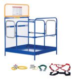 The Vestil Full Feat Work Platform W/2 Door Entry is a blue forklift safety cage featuring metal mesh sides and dual gates. Included are a yellow coiled hose, gray control box, green heavy-duty rope, and a red and black safety harness.