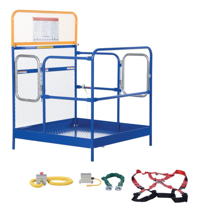 The Vestil Full Feat Work Platform W/2 Door Entry is a blue forklift safety cage featuring metal mesh sides and dual gates. Included are a yellow coiled hose, gray control box, green heavy-duty rope, and a red and black safety harness.