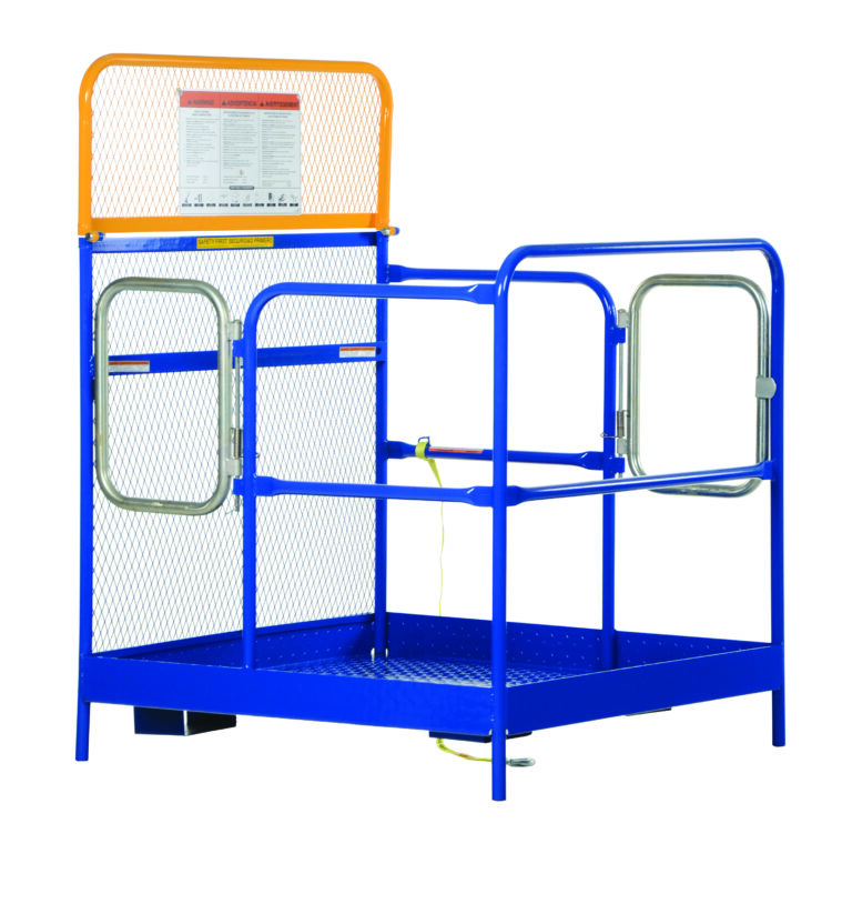 The Vestil Steel Work Platform W/2 Door Entry 48X48 is blue with mesh back, side rails, two safety gates with latches, an orange top bar, and a notice on the back panel. Designed to sit on flat surfaces.