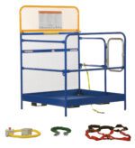 The blue and yellow Vestil Full Feat Work Platform 48X48 is a safety cage with mesh sides, perfect for lifting or securing tasks. It comes with vital accessories: a control box with a cord, a green cord with metal hooks, and a red and black harness.