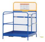 The Vestil Steel Work Platform 48 x 48 in features a blue and yellow color scheme, mesh guardrail, small ladder, yellow safety cord, and prominent warning signs. It’s expertly designed as an industrial safety cage for use with forklifts.
